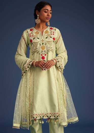 Mint Green Silk Kurta Set With Embroidery