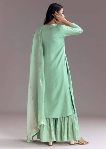 Mint Green Silk Kurta Sharara Set With Gotta Work