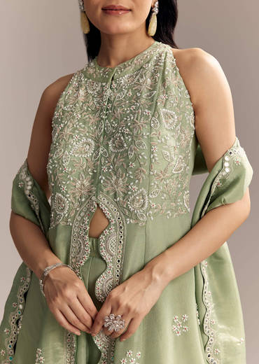 Mint Green Tissue Anarkali Suit With Cutdana And Beads Embroidery