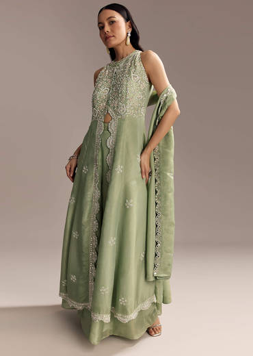 Mint Green Tissue Anarkali Suit With Cutdana And Beads Embroidery
