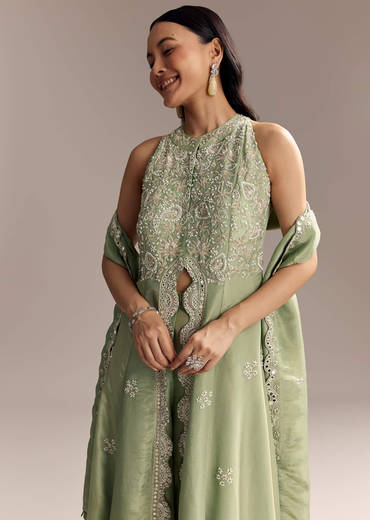 Mint Green Tissue Anarkali Suit With Cutdana And Beads Embroidery