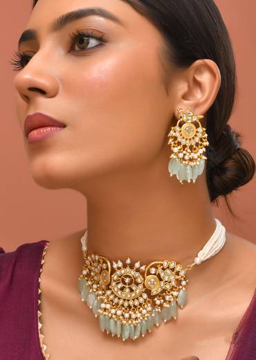 Mint Green White Necklace Set With Pachi Kundan