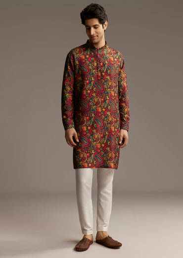 Multi Colour Silk Designer Kurta For Men With Paisley And Floral Print