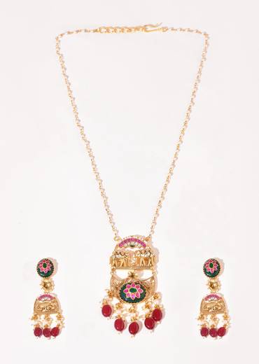 Multi Floral Motif Enamelled Pendant Necklace and Earrings Set