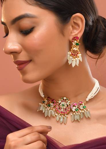 Multi Mint Green Necklace Set With Pachi Kundan