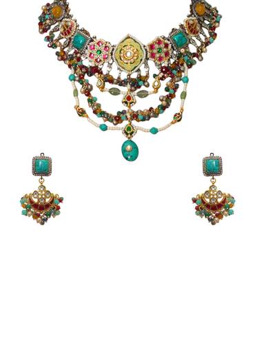 Multi Stone Drop Pendant Necklace and Earring Set