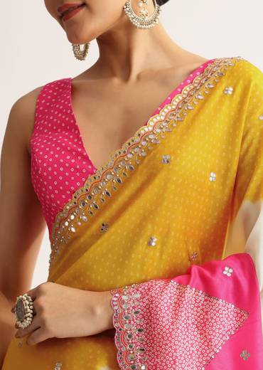 Multicolour Georgette Printed Saree With Gotta Patti Zari Embroidery
