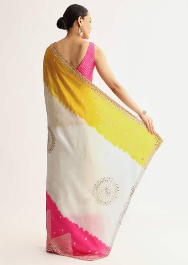 Multicolour Georgette Printed Saree With Gotta Patti Zari Embroidery