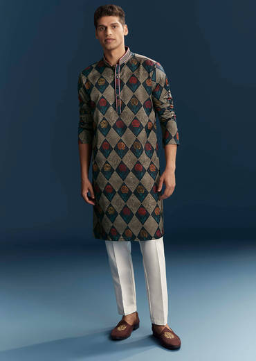 Multicolour Silk Kurta For Men With Geometric And Floral Print