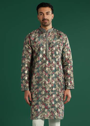 Multicolour Silk Kurta Set For Men With Floral Motif Print