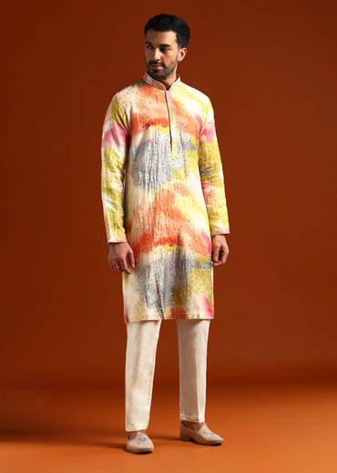Multicolour Silk Kurta Set For Men With Heavy Hand Embroidery