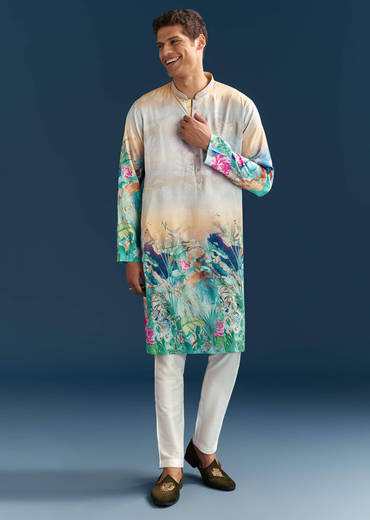 Multicolour Silk Kurta Set For Men With Ombre Print