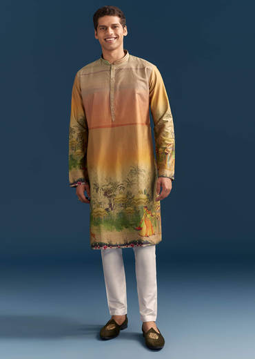 Multicolour Silk Kurta Set For Men With Pichwai Print