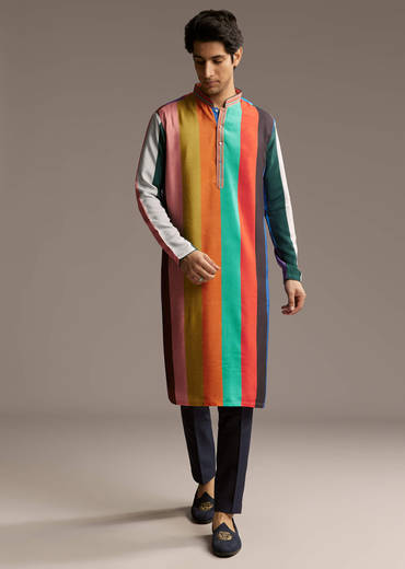 Multicolour Silk Kurta Set For Men With Stripe Print