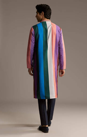Multicolour Silk Kurta Set For Men With Stripe Print