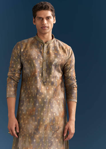 Multicolour Silk Printed Kurta Set For Men With Foil Butti Work