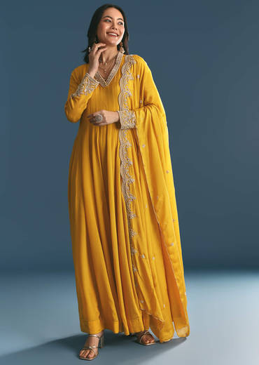 Mustard Chinon Anarkali Suit With Zardosi Work Dupatta