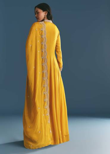 Mustard Chinon Anarkali Suit With Zardosi Work Dupatta