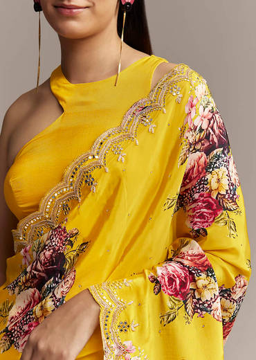 Mustard Crepe Saree With Floral Print And Mirror Border