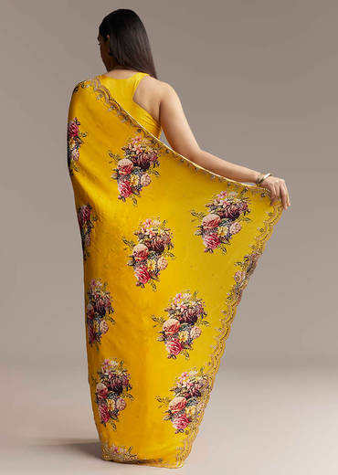 Mustard Crepe Saree With Floral Print And Mirror Border
