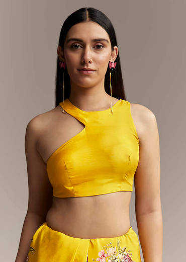 Mustard Crepe Saree With Floral Print And Mirror Border