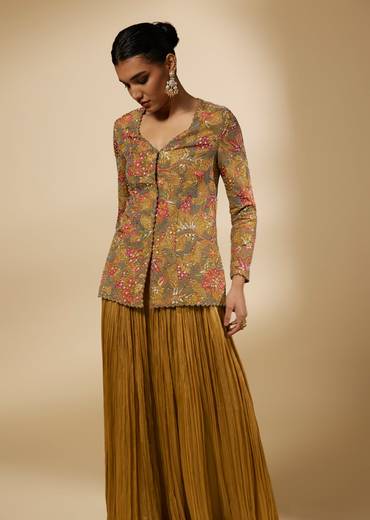 Mustard Embroidered Jacket With Flared Pants