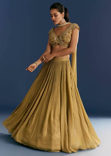 Mustard French Tissue Lehenga With Embroidered Blouse And Choker Dupatta
