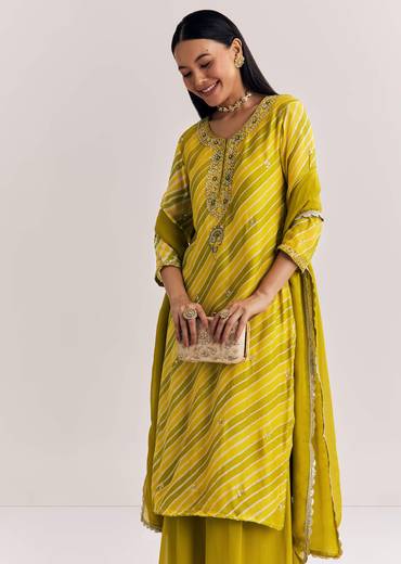 Mustard Leheriya Kurta Palazzo Suit With Cutdana And Sequins Work