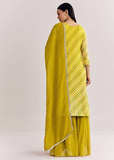 Mustard Leheriya Kurta Palazzo Suit With Cutdana And Sequins Work