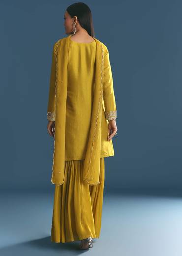 Mustard Silk Kurta Sharara Suit With Sequins And Cutdana Work