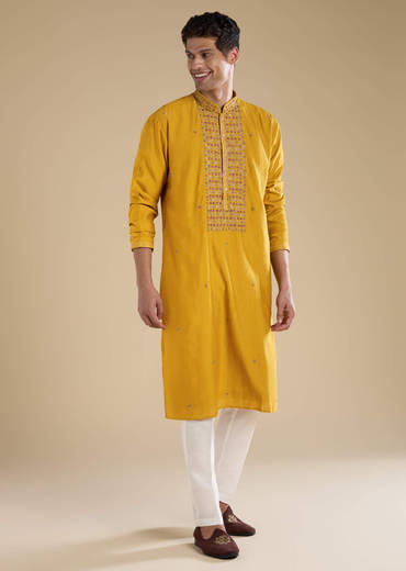 Mustard Yellow Bead Embellished Mens Kurta and Pant Set