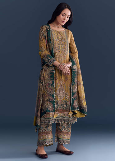 Mustard Yellow Crepe Kurta Set With Paisley And Floral Print