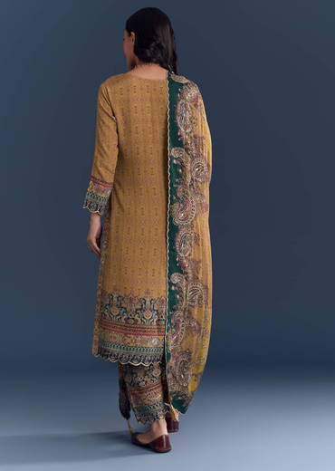 Mustard Yellow Crepe Kurta Set With Paisley And Floral Print