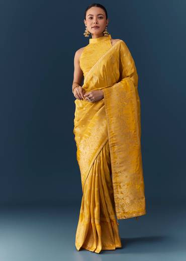 Mustard Yellow Dola Silk Saree with Blouse Fabric