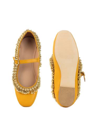 Mustard Yellow Faux Leather Bead Embellished Juttis