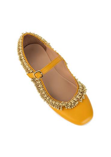 Mustard Yellow Faux Leather Bead Embellished Juttis