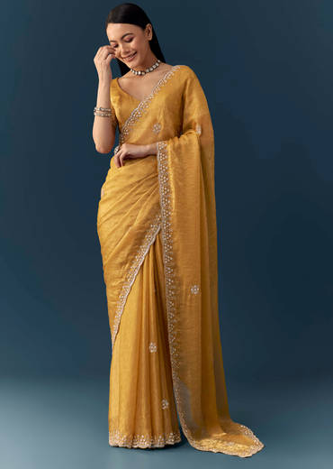 Mustard Yellow Jacquard Printed Tissue Saree with Unstitched Blouse