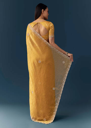 Mustard Yellow Jacquard Printed Tissue Saree with Unstitched Blouse