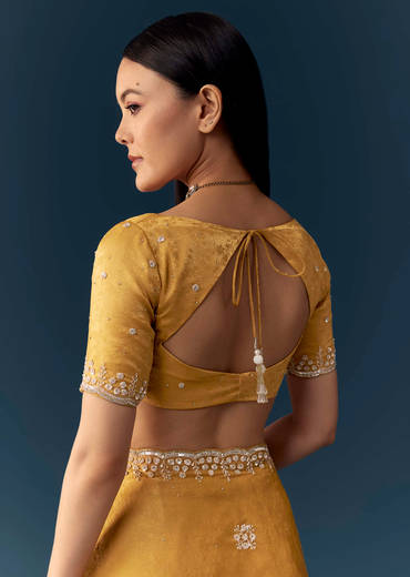 Mustard Yellow Jacquard Printed Tissue Saree with Unstitched Blouse