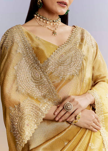 Mustard Yellow Jacquard Tissue Saree With Zigzag Zardosi Work