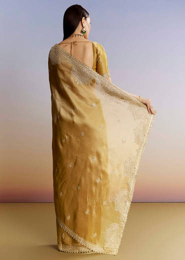 Mustard Yellow Jacquard Tissue Saree With Zigzag Zardosi Work