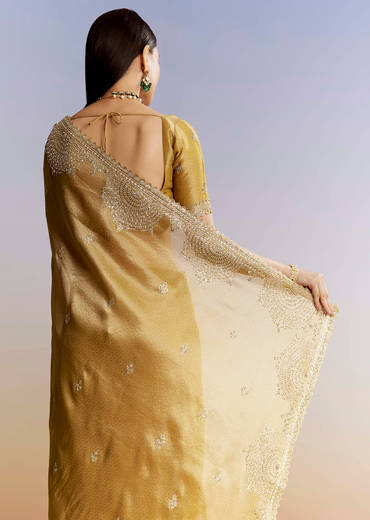 Mustard Yellow Jacquard Tissue Saree With Zigzag Zardosi Work