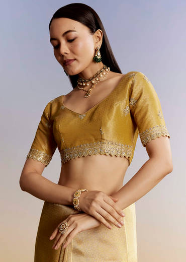 Mustard Yellow Jacquard Tissue Saree With Zigzag Zardosi Work