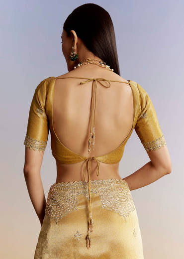 Mustard Yellow Jacquard Tissue Saree With Zigzag Zardosi Work