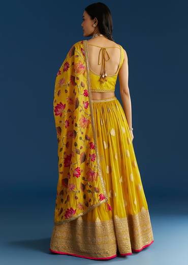Mustard Yellow Lehenga Set With Zardosi Sequins Choli And Printed Dupatta