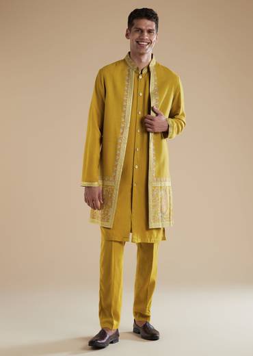 Mustard Yellow Pashmina Kurta Jacket Set With Thread Resham Work
