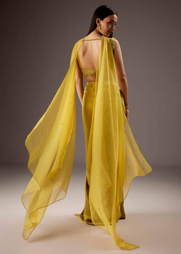 Mustard Yellow Satin Crop Top Skirt With Heavy Embroidery