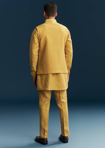 Mustard Yellow Silk Kurta Jacket Set With Thread Detail Work