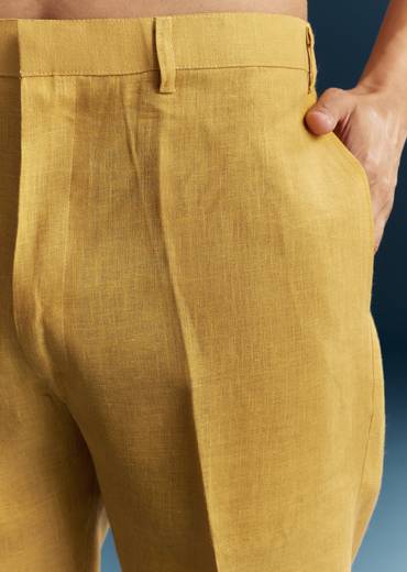 Mustard Yellow Silk Kurta Jacket Set With Thread Detail Work