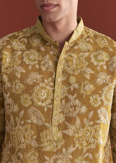Mustard Yellow Silk Kurta Set For Men With Floral Resham Work